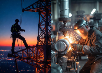Skilled trades workers in Canada including a powerline technician climbing a transmission tower at sunset and a welder operating industrial machinery in a factory.