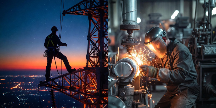 Skilled trades workers in Canada including a powerline technician climbing a transmission tower at sunset and a welder operating industrial machinery in a factory.