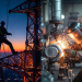Skilled trades workers in Canada including a powerline technician climbing a transmission tower at sunset and a welder operating industrial machinery in a factory.