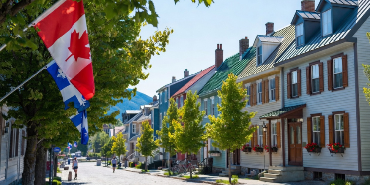 Sunny summer day on a picturesque cobblestone street in a historic Quebec town Canada colorful Victorian houses Canadian and Quebec flags waving lush green maple trees idyllic small town charm