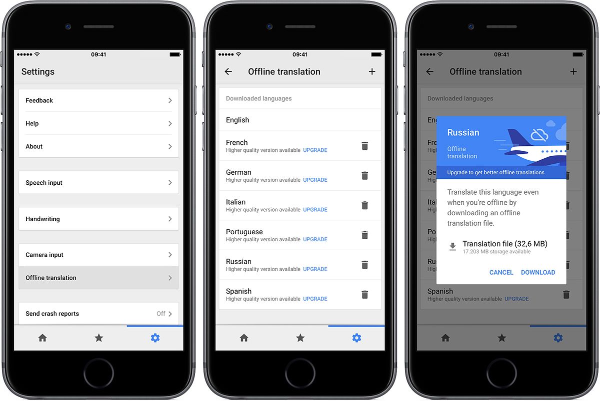Three iPhone screens showing Google Translate offline languages list and Russian download popup