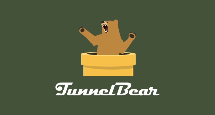 TunnelBear logo cartoon bear emerging from yellow tunnel with raised paws and open mouth above text