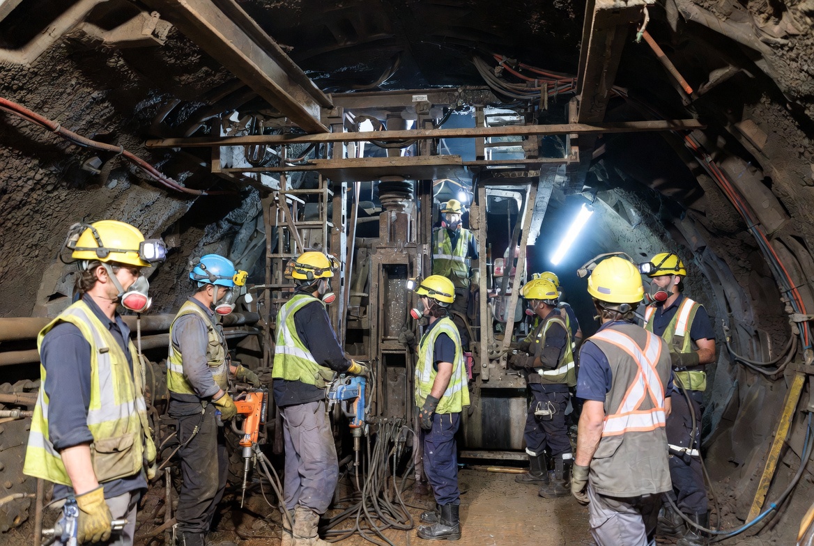 Underground miners in safety gear and hard hats working with heavy drilling equipment inside a modern mine tunnel