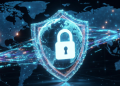 VPN cybersecurity illustration glowing blue shield with padlock protecting a digital globe and encrypted data streams