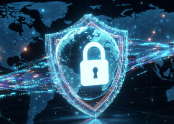 VPN cybersecurity illustration glowing blue shield with padlock protecting a digital globe and encrypted data streams