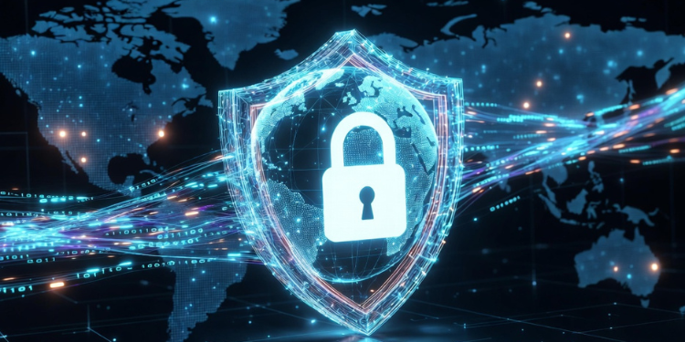 VPN cybersecurity illustration glowing blue shield with padlock protecting a digital globe and encrypted data streams