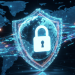 VPN cybersecurity illustration glowing blue shield with padlock protecting a digital globe and encrypted data streams