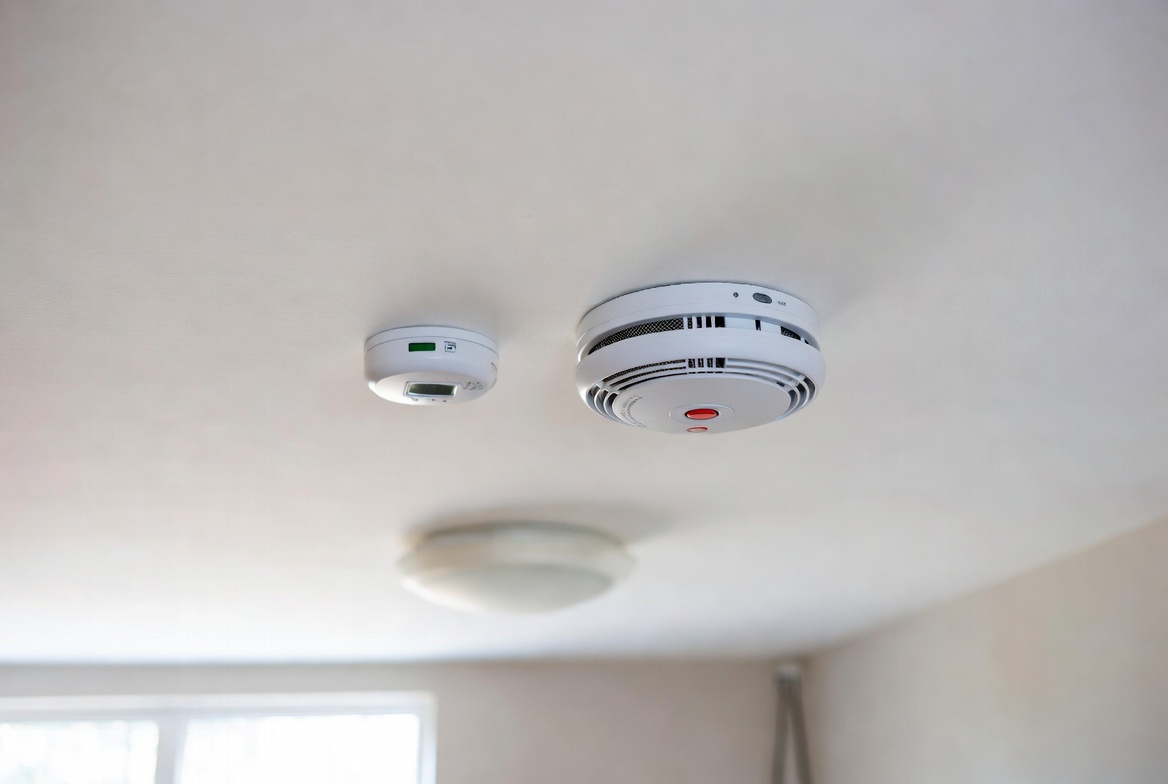 White smoke detectors and carbon monoxide alarm installed on ceiling of home for fire safety