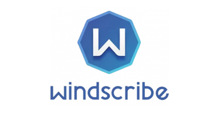Windscribe logo blue hexagon containing white stylized W letter above lowercase blue brand name