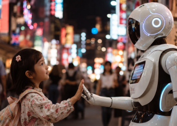 Young girl touching hands with a futuristic humanoid robot on a neon lit Asian city street at night, cinematic cyberpunk-inspired scene with soft bokeh lights, emotional human AI interaction, and
