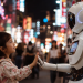 Young girl touching hands with a futuristic humanoid robot on a neon lit Asian city street at night, cinematic cyberpunk-inspired scene with soft bokeh lights, emotional human AI interaction, and