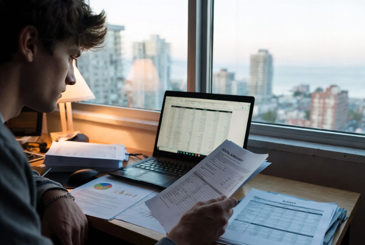 Young man sitting at desk reviewing rental agreement and budget documents with laptop in home office with city view
