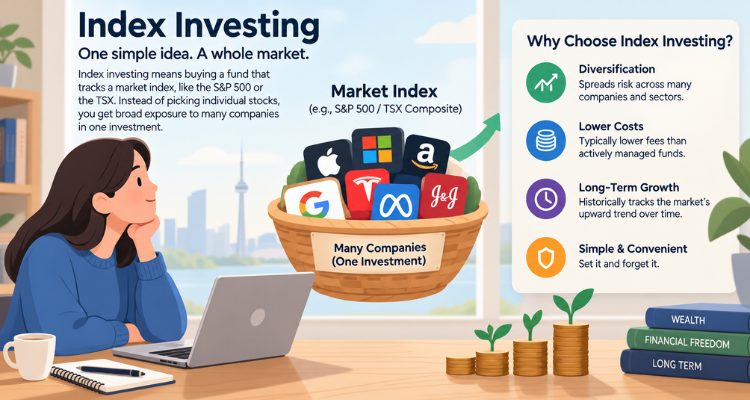 An infographic explaining index investing, featuring a woman at a desk looking at a basket of tech company stock logos, coin stacks, and key benefits like diversification and lower costs