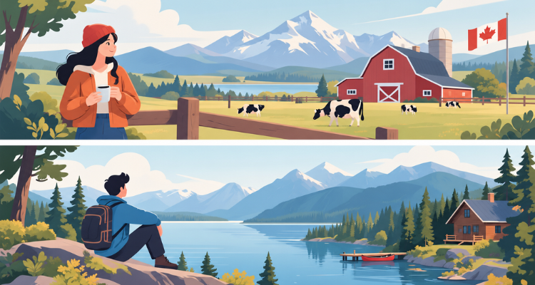 Flat vector illustration of rural Canadian countryside with mountains, red barn, cows, lake, and outdoor lifestyle.