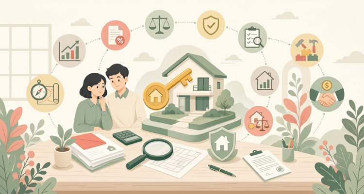 Home buying process illustration featuring a couple budgeting, house key, real estate insurance, and property evaluation icons.