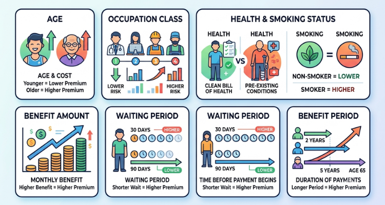 Infographic detailing key disability insurance premium factors including age, occupation, health, smoking status, and benefit terms