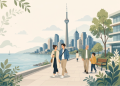 Modern city living illustration showing pedestrians walking near a lakefront with Toronto urban skyline architecture.