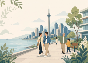 Modern city living illustration showing pedestrians walking near a lakefront with Toronto urban skyline architecture.