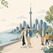 Modern city living illustration showing pedestrians walking near a lakefront with Toronto urban skyline architecture.