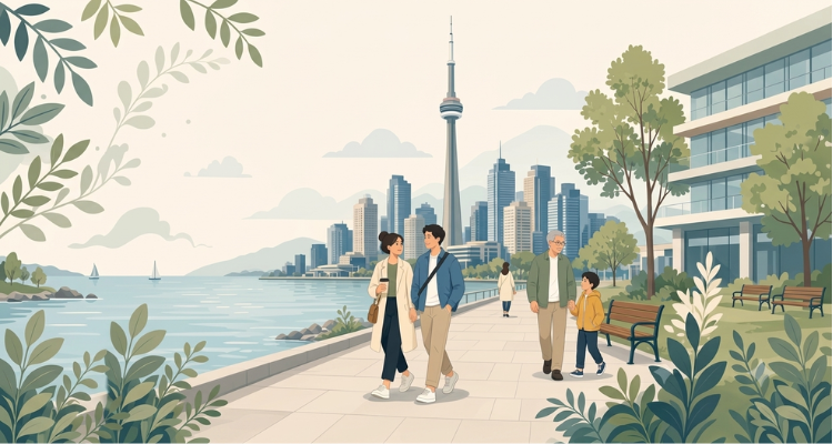 Modern city living illustration showing pedestrians walking near a lakefront with Toronto urban skyline architecture.