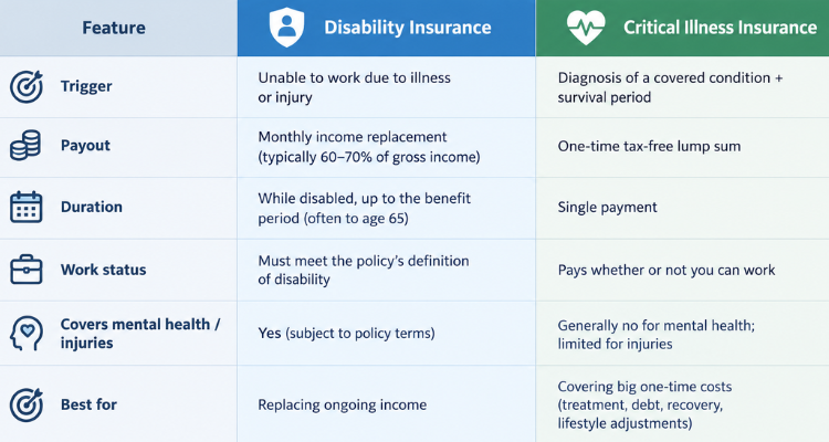 Table featuring the difference between disability insurance and critical illness insurance
