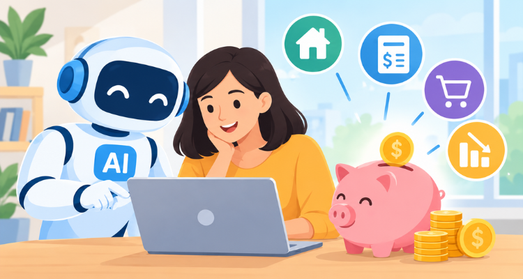 AI helping a person save money through smarter budgeting, lower expenses, and financial planning.